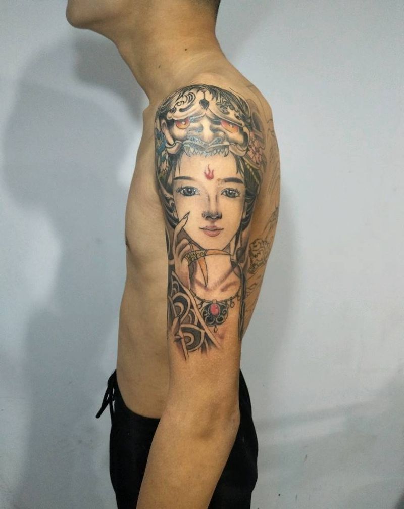 大臂艺妓纹身图片