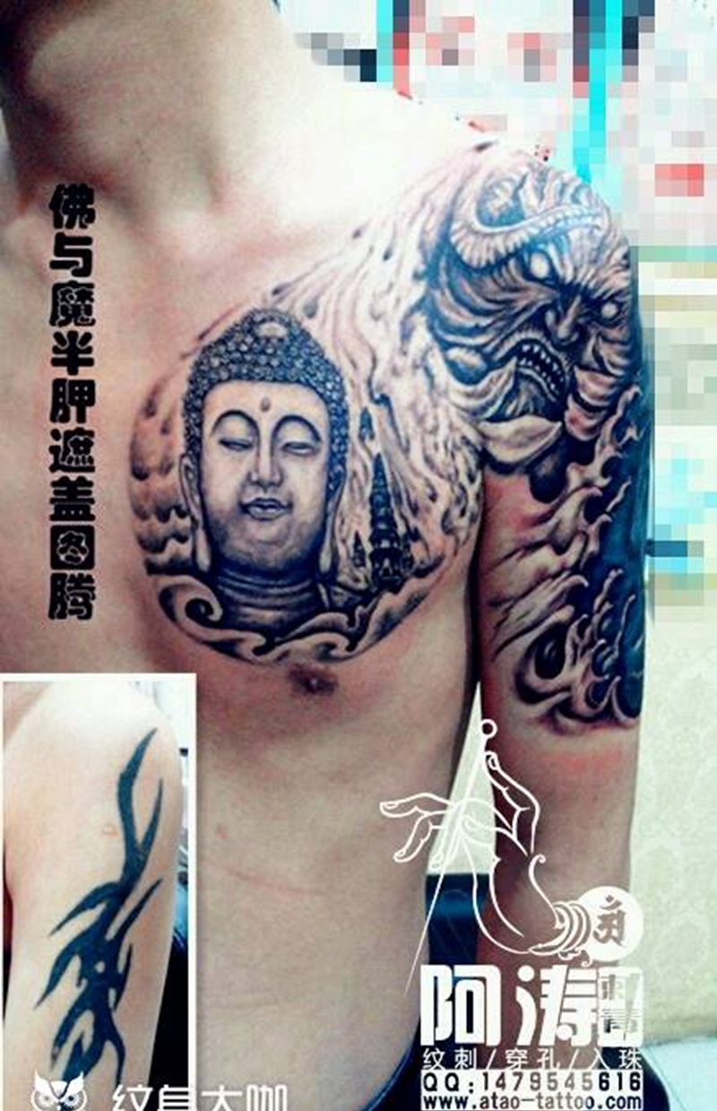 佛 神兽纹身图片_肩部胸部传统鬼神宗教纹身图案