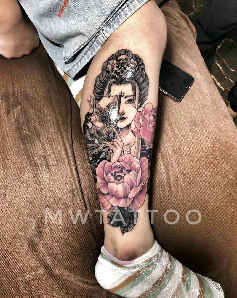 艺妓纹身图片_腿部新传统纹身图案