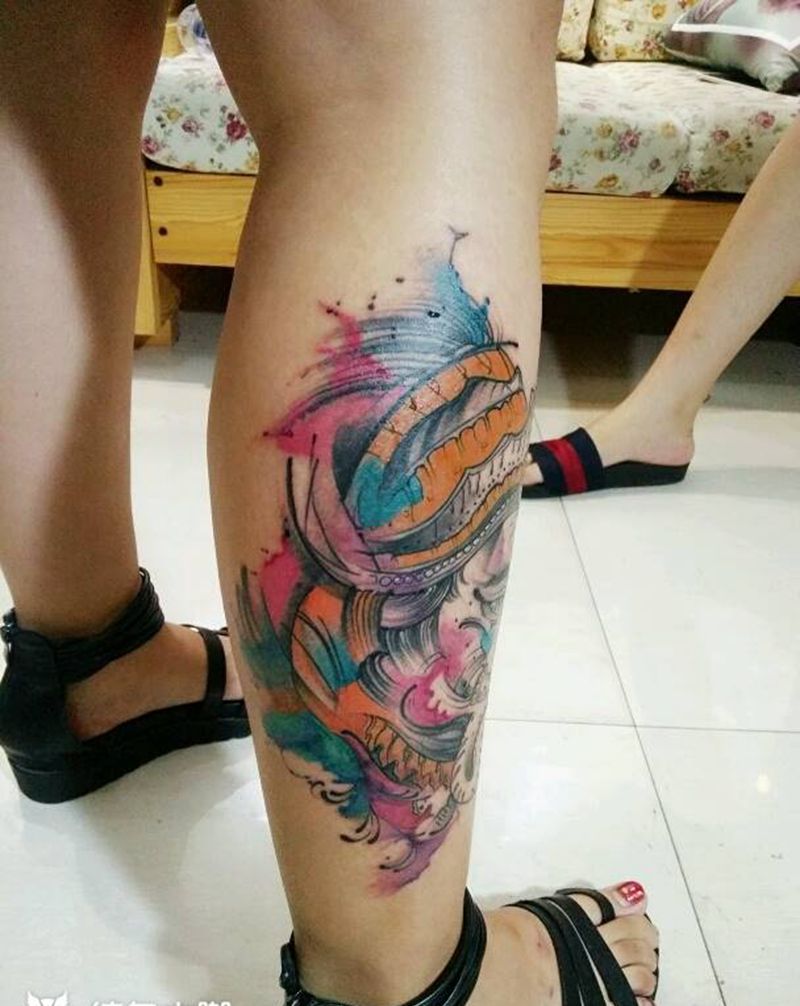 水墨风象神纹身图片