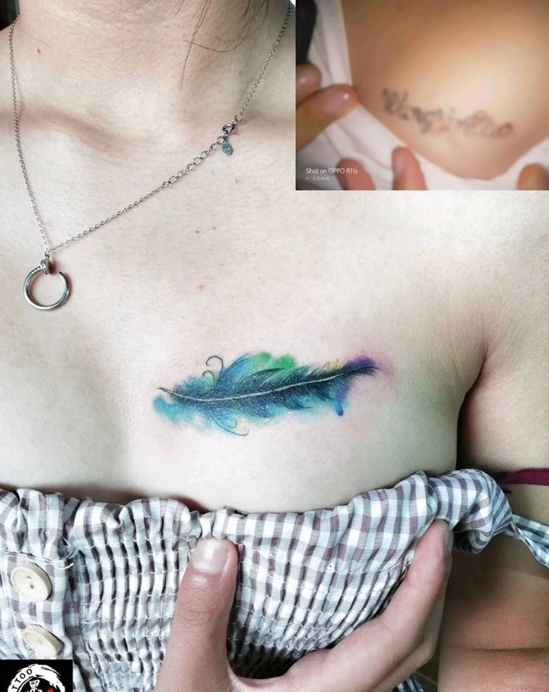 小羽毛纹身图片_胸部清新原创成品纹身图案