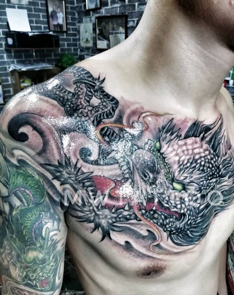 龙头纹身图片_胸部肩部新传统纹身图案