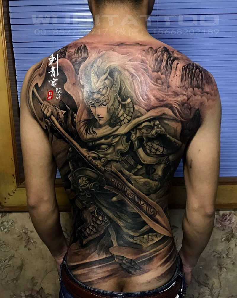 常山赵子龙纹身图片_成品背部原创传统人物纹身图案