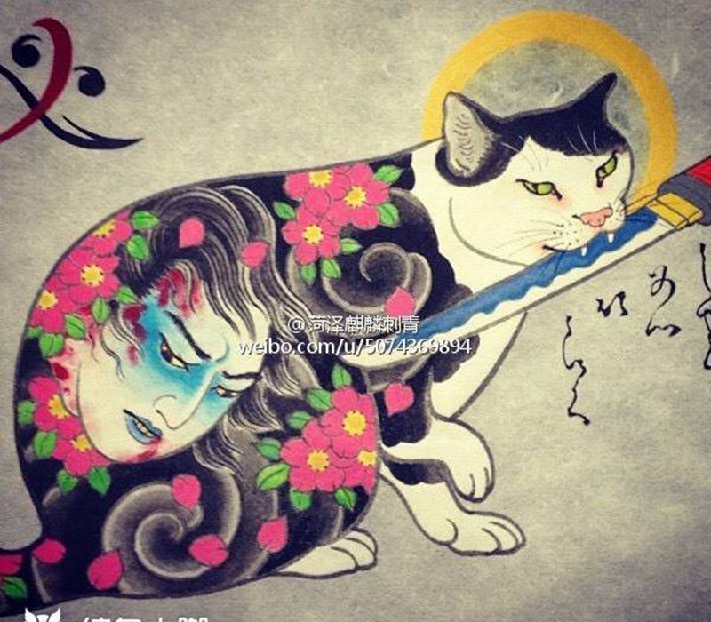 日氏纹身素材分享 猫纹身图片_手稿腰部背部臀部腿部手臂肩部动物宗教纹身图案