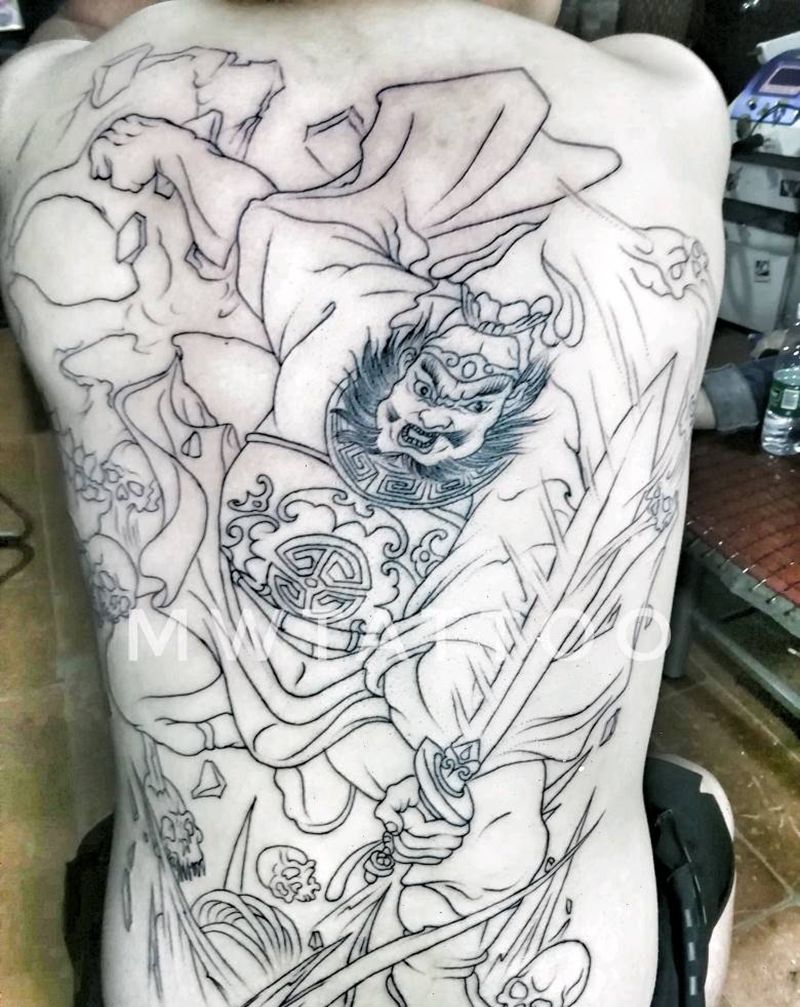 钟馗伏魔纹身图片_背部老传统纹身图案