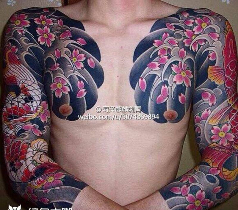 传统半胛纹身图案分享纹身图片_成品胸部手臂传统静物植物动物纹身图案