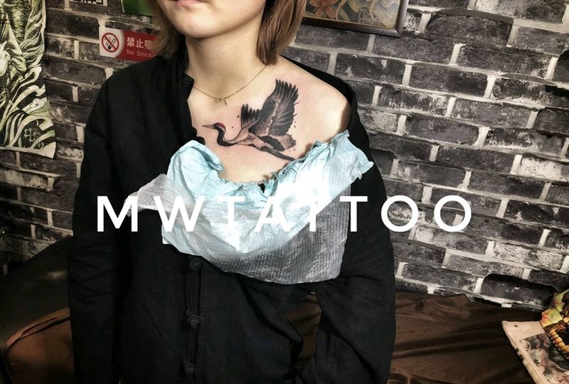 鹤纹身图片_胸部纹身图案