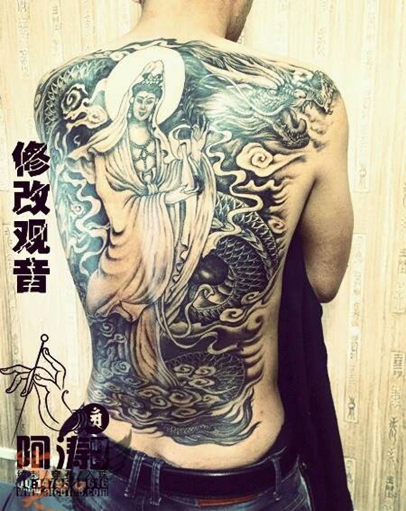 修改观音添加满背纹身图片_背部传统动物人物纹身图案