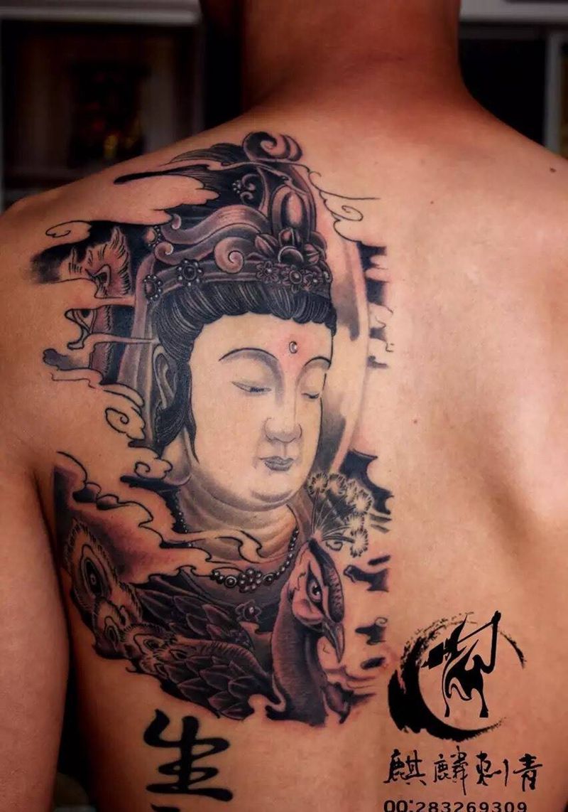 半背菩萨纹身图片_成品背部传统肖像人物宗教纹身图案