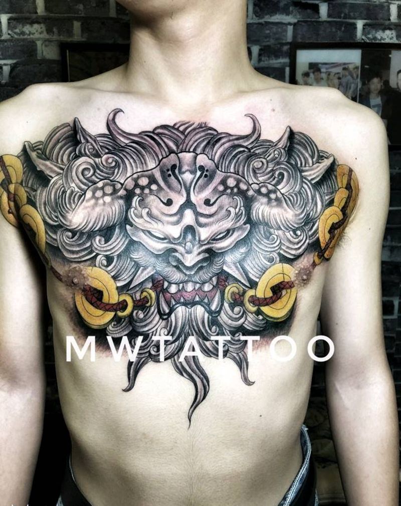 唐狮纹身图片_胸部新传统纹身图案