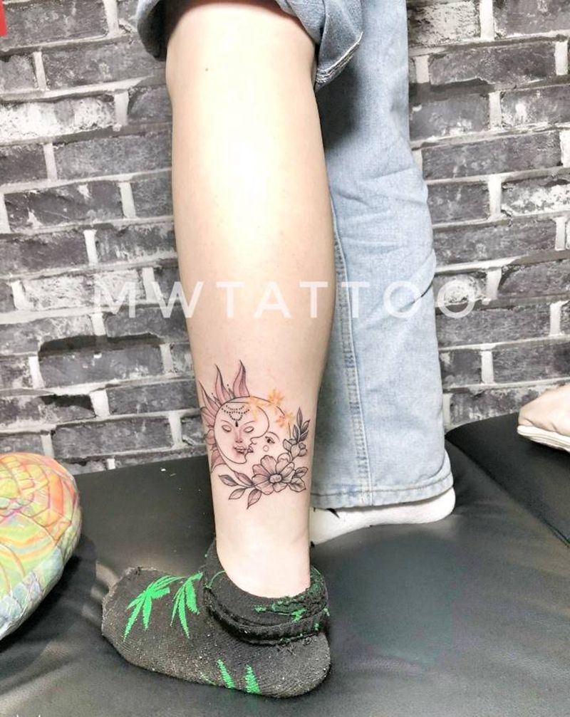 日月纹身图片_腿部小清新纹身图案