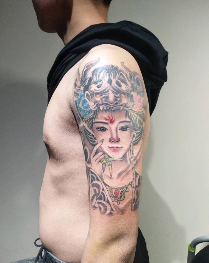 大臂艺妓纹身图片