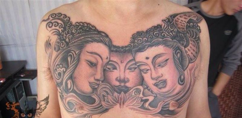 佛纹身图片_人物传统胸部成品纹身图案