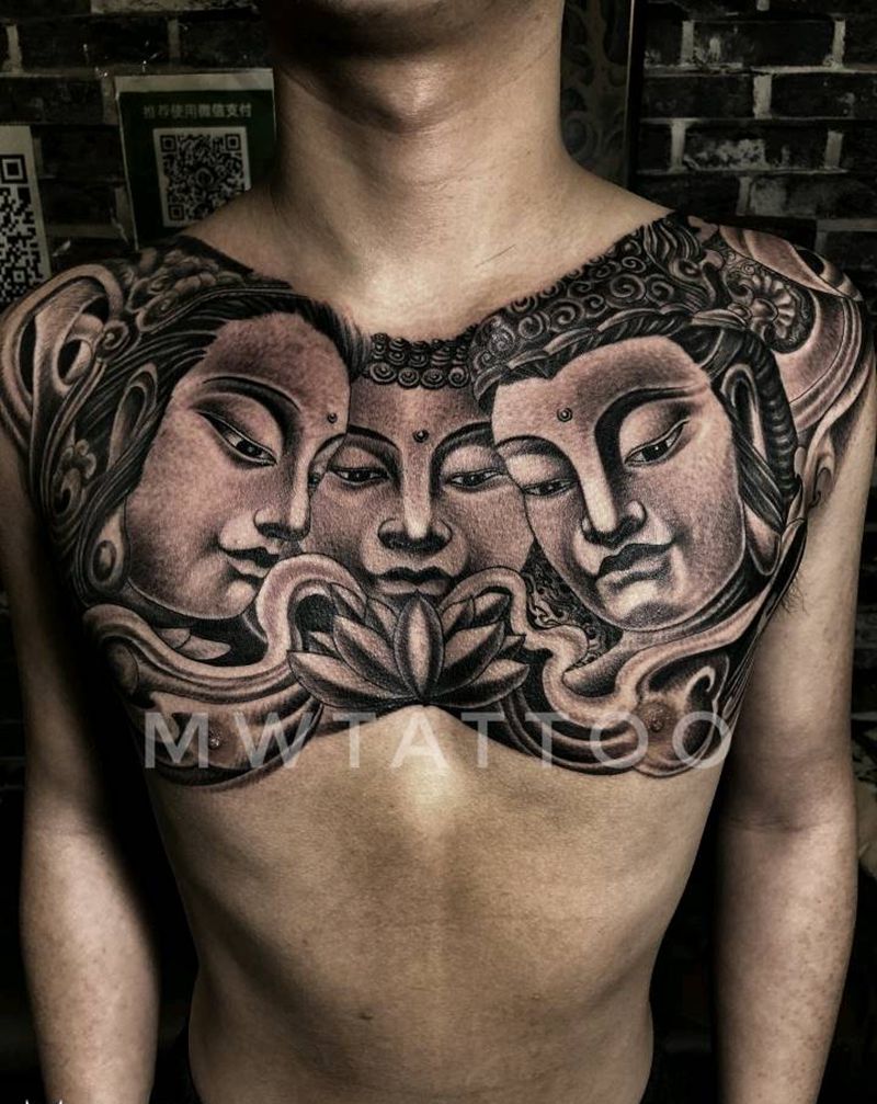 西方三圣纹身图片_胸部新传统纹身图案