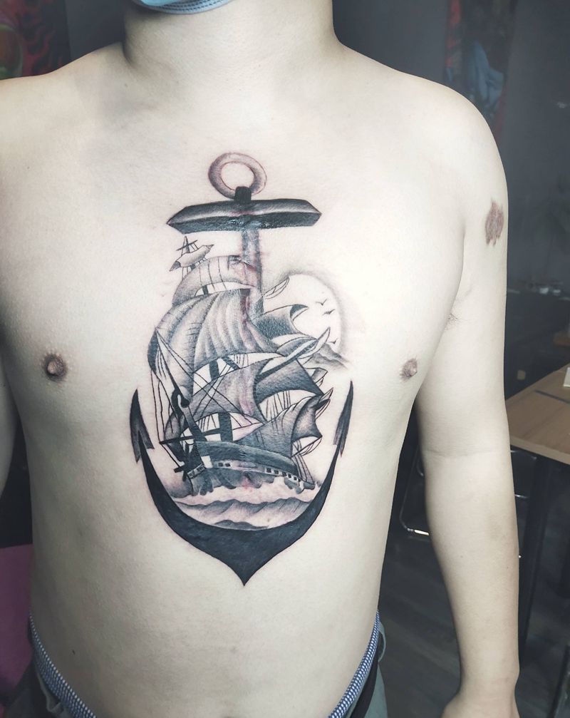 帆船纹身图片_新传统水墨纹身图案