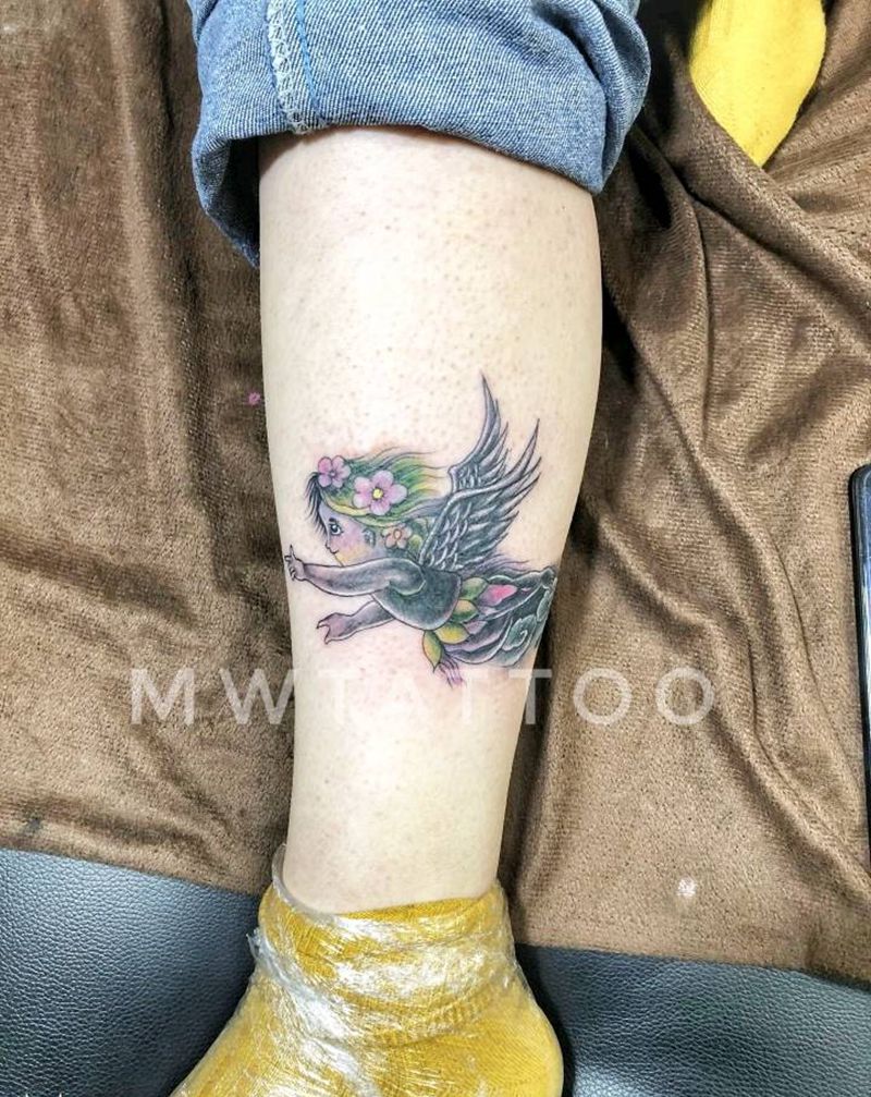 小天使纹身图片_腿部遮盖纹身图案