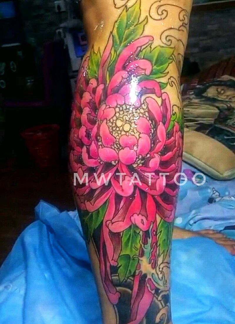 菊花纹身图片_腿部脚部传统贴纸植物原创成品纹身图案