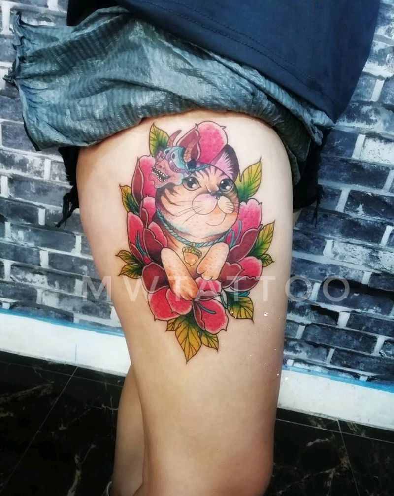 招财猫纹身图片_腿部臀部Old SchoolNew School纹身图案