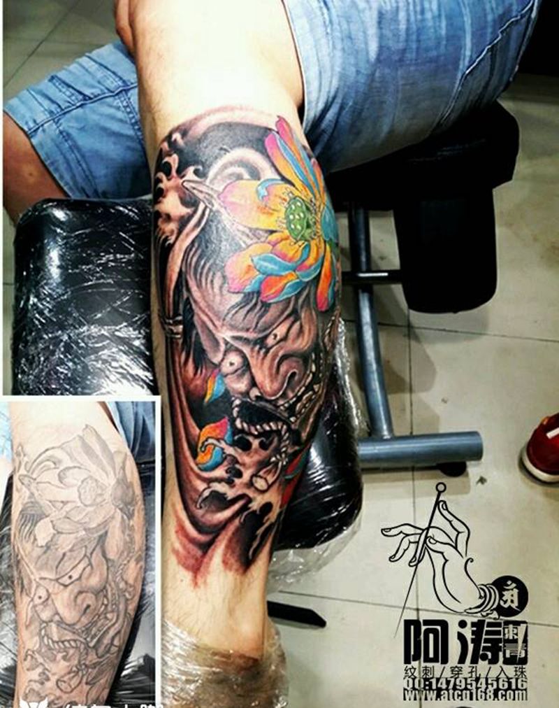 修改班若纹身图片_腿部传统鬼神纹身图案