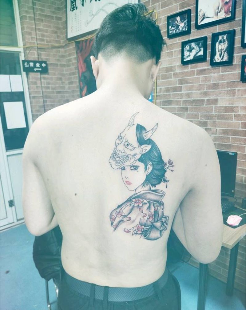 艺伎般若纹身图片_背部新传统纹身图案