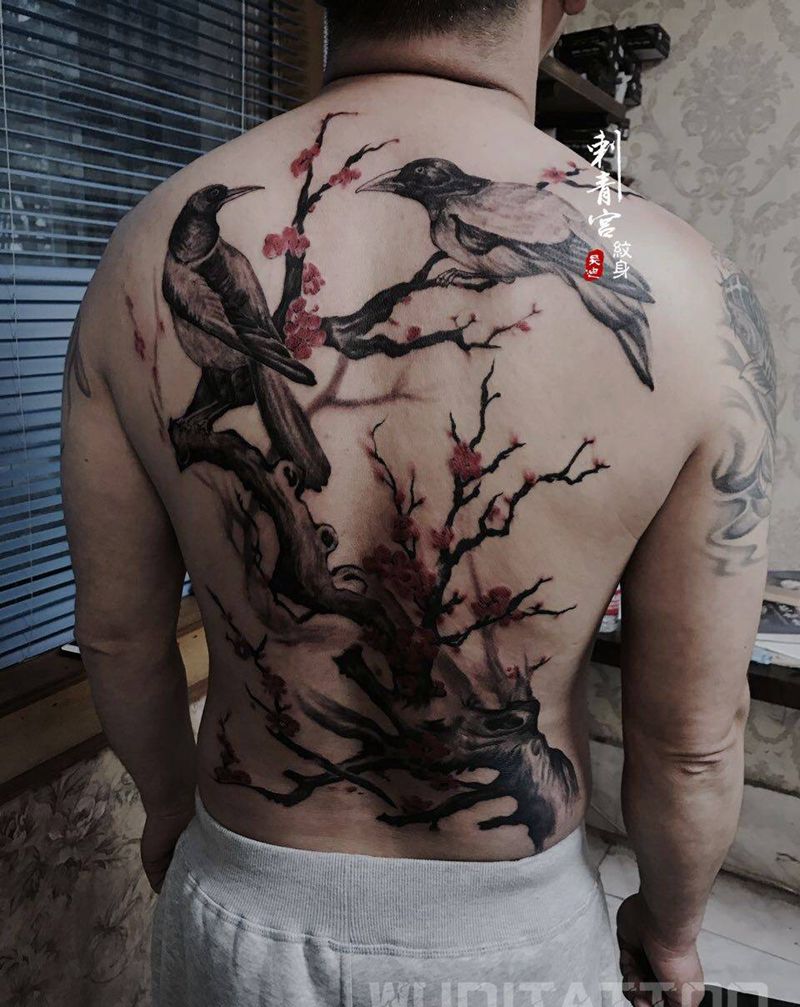 梅纹身图片_成品背部国画植物原创纹身图案
