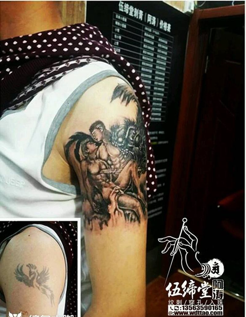 黑白天使遮盖纹身图片_肩部遮盖纹身图案
