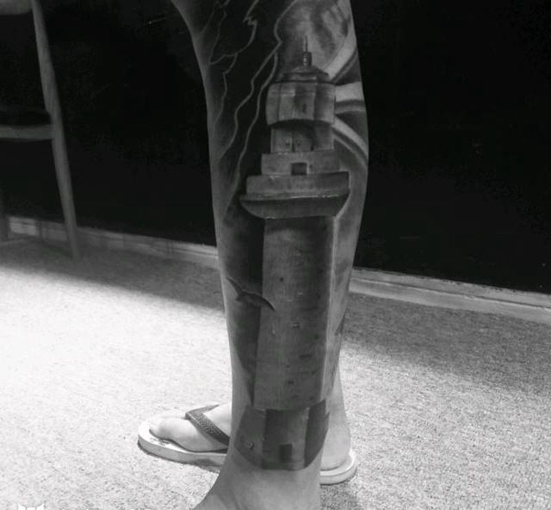 灯塔纹身图片_腿部写实原创成品纹身图案