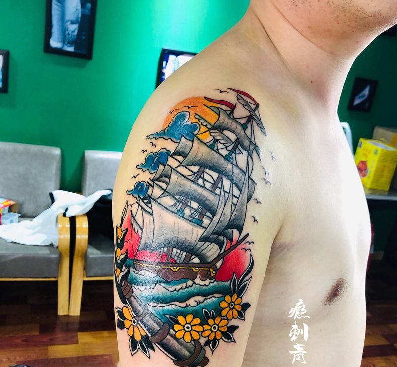 帆船纹身图片_Old School纹身图案