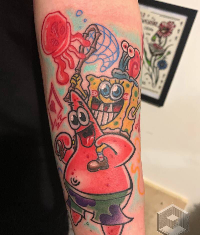 设计手稿海绵宝宝与派大星纹身图片_手臂Old SchoolNew School原创纹身图案