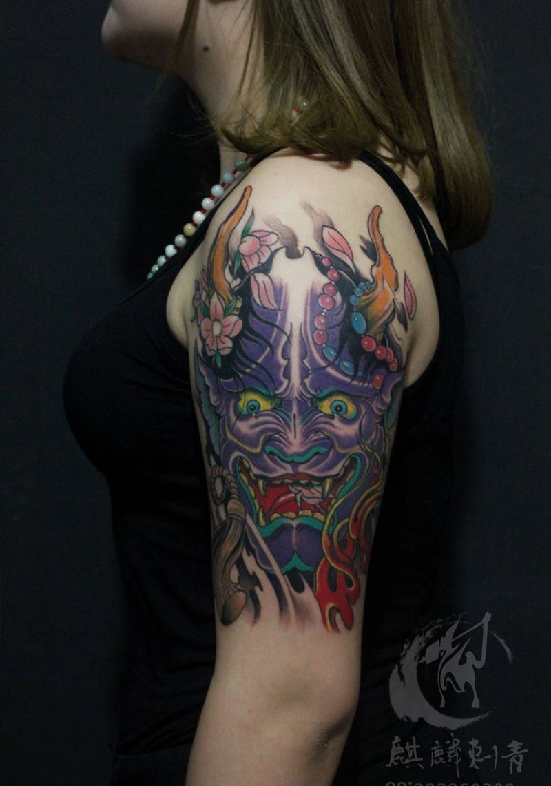 彩色大臂般若纹身图片_成品手臂传统鬼神彩色般若纹身图案