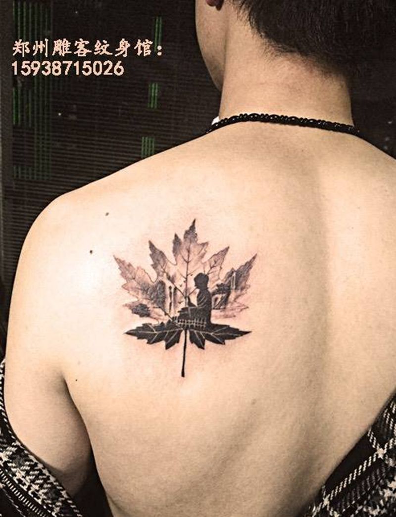 树叶，纹身图片_成品背部欧美人物静物郑州纹身图案