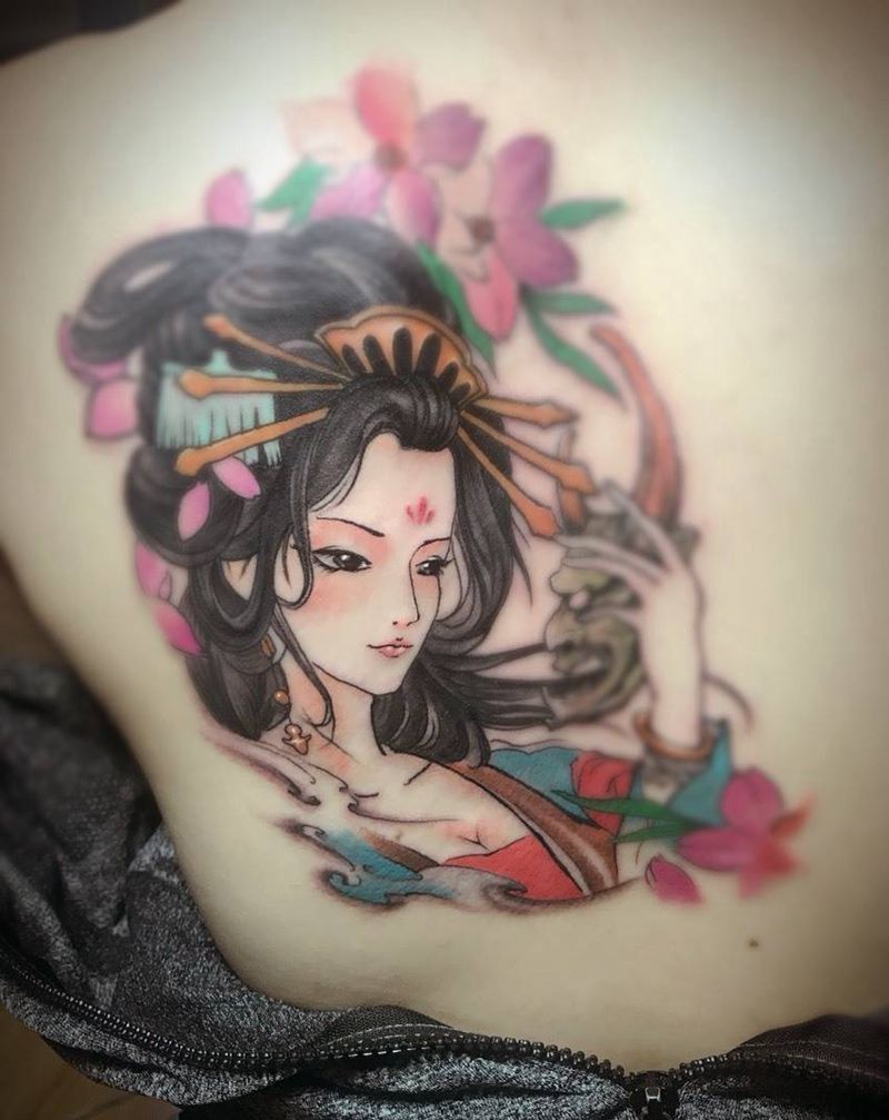 彩色艺妓纹身图片