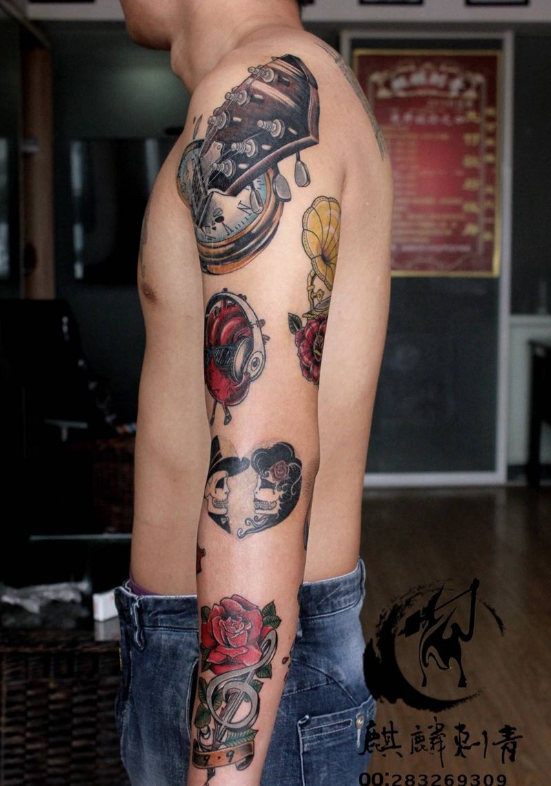 欧美拼图花臂纹身图片_成品手臂欧美动物人物植物静物卡通纹身图案