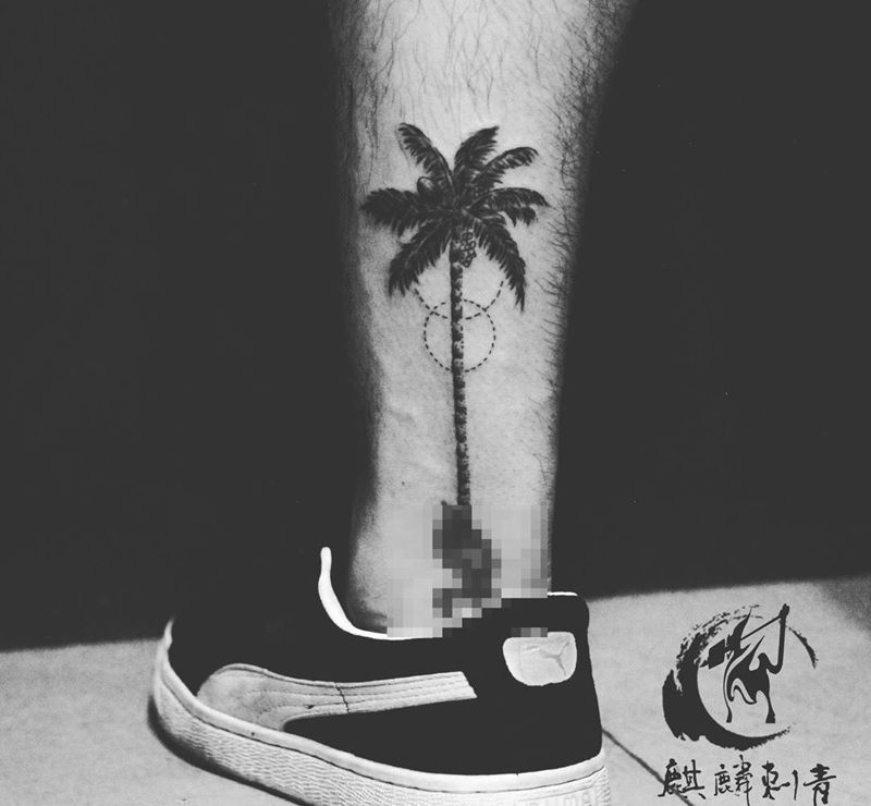 椰树纹身图片_成品腿部清新植物黑灰简约纹身图案