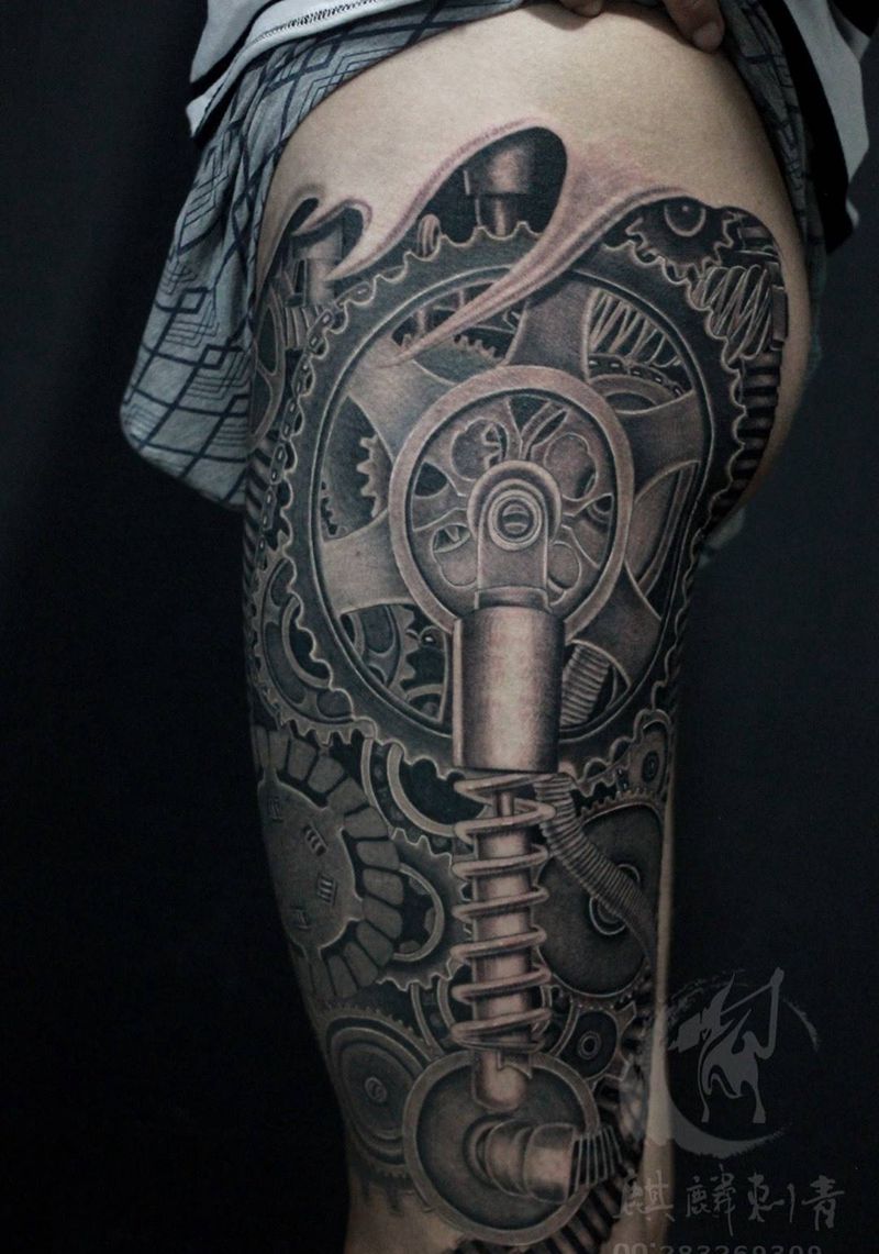 机械腿纹身图片_成品腿部原创黑灰机械纹身图案