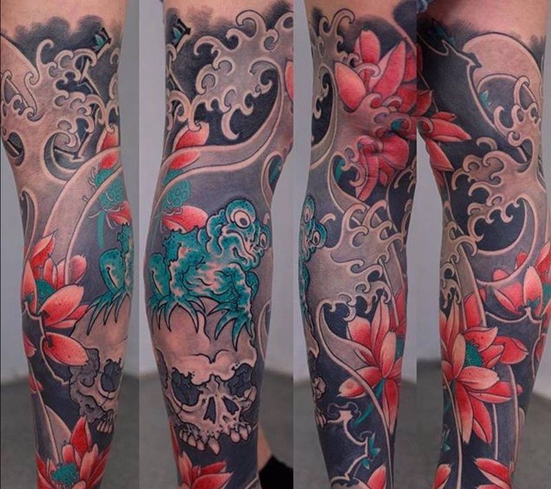 花腿欣赏纹身图片_成品腿部传统欧美人物宗教鬼神般若民族彩色纹身图案