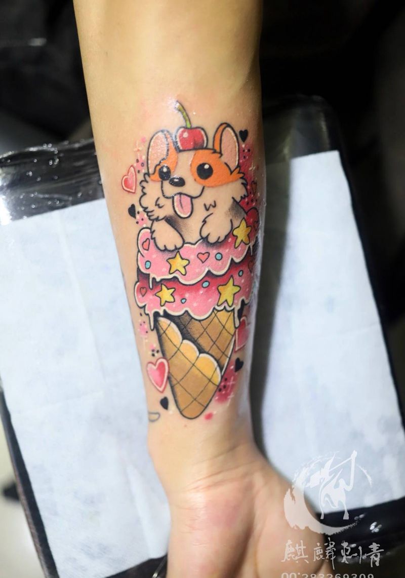 冰激凌与小柯基纹身图片_成品手臂清新动物静物卡通彩色纹身图案