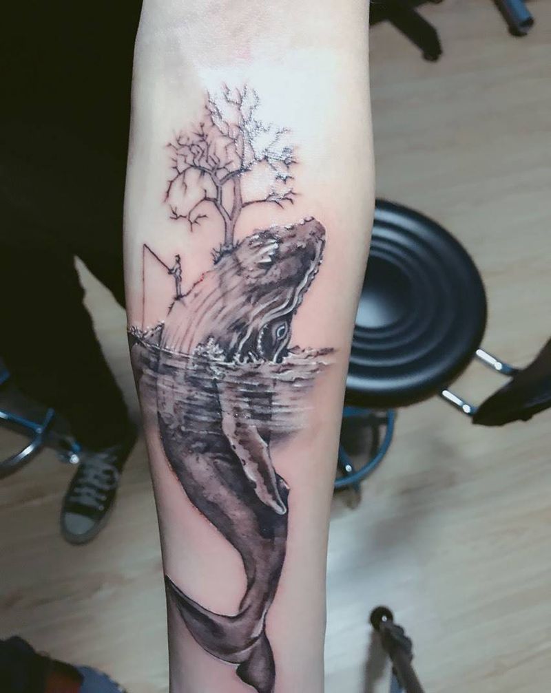 海蓝时见鲸“三木作品”纹身图片