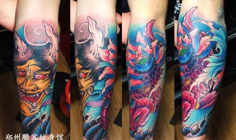 花臂纹身图片_成品手臂传统动物郑州纹身图案