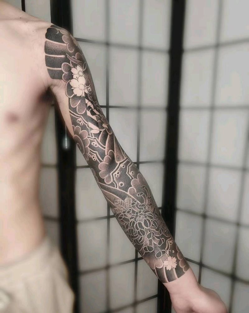 日式花臂纹身图片_手臂老传统纹身图案