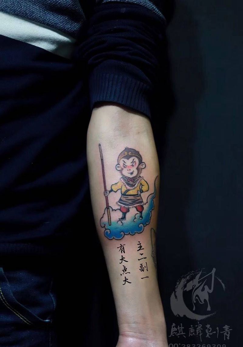 卡通孙悟空纹身图片_成品手臂清新彩色动物卡通纹身图案