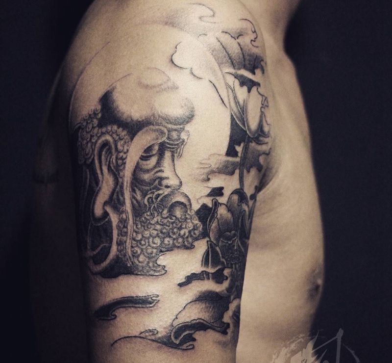 达摩纹身图片_成品手臂传统人物宗教黑灰纹身图案