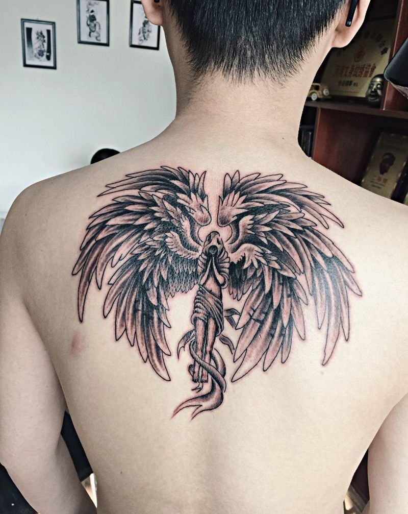 六翼天使纹身图片_成品背部传统人物郑州培训纹身图案