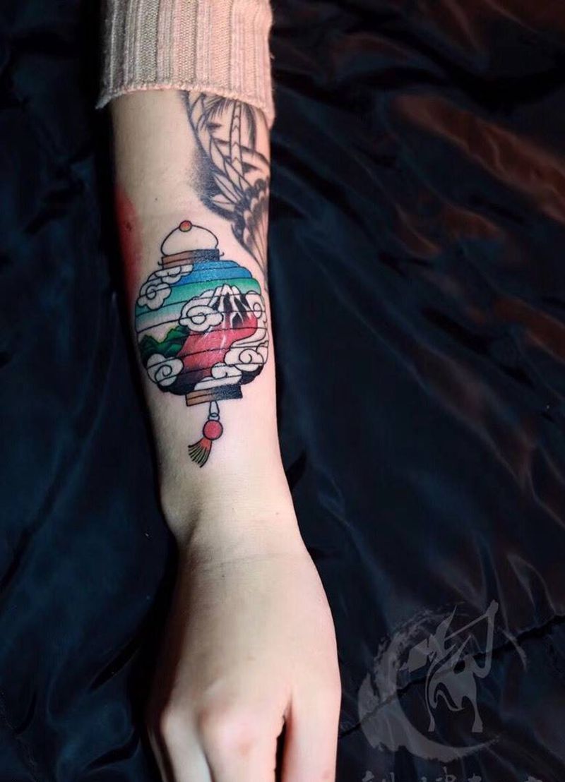 小灯笼纹身图片_成品手臂传统国画彩色习俗静物插画纹身图案