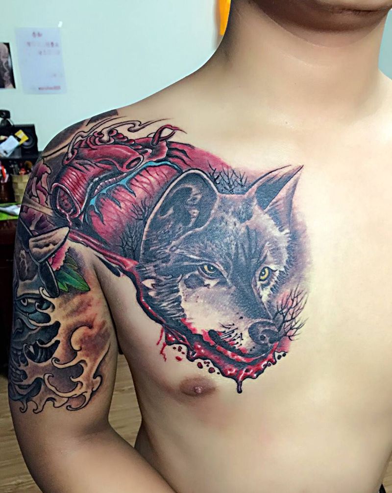 狼纹身图片_成品胸部欧美动物郑州纹身图案