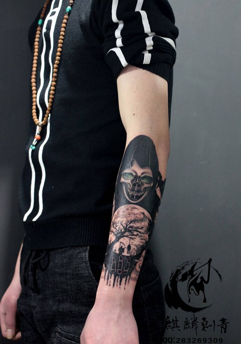 死神系列花臂纹身图片_成品手臂传统鬼神图腾宗教遮盖插画纹身图案