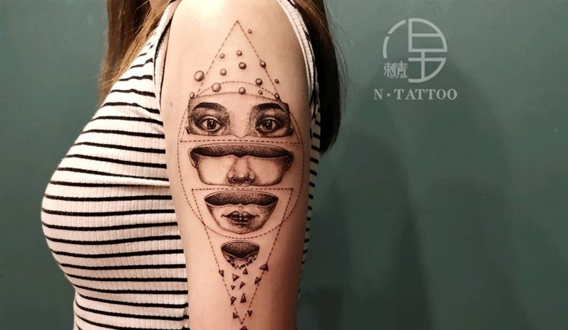 几何肖像纹身图片_手臂点刺纹身图案
