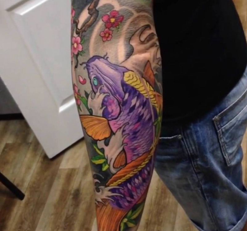 来点干货，传统欣赏纹身图片_手臂成品背部腿部传统植物花卉锦鲤牡丹般若纹身图案