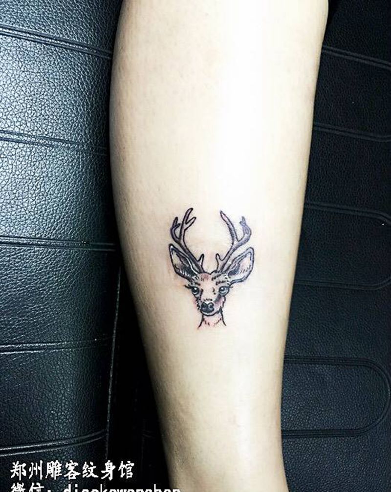 麋鹿纹身图片_成品腿部传统动物郑州纹身图案