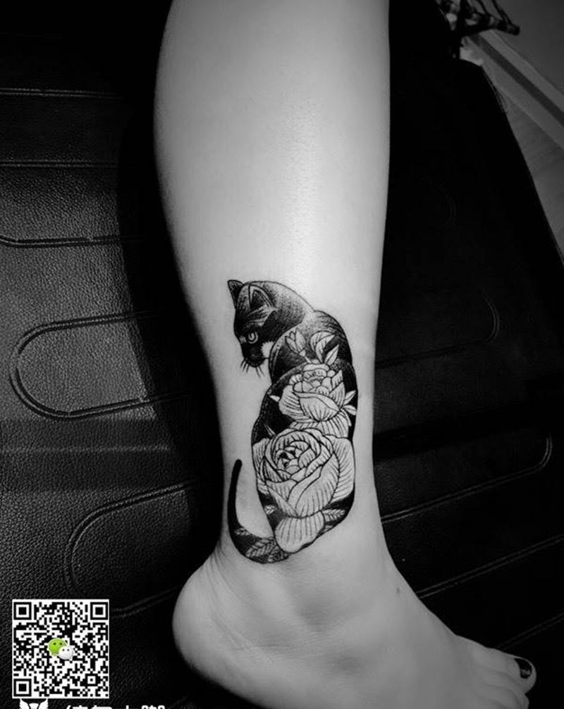 猫纹身图片_腿部新传统纹身图案